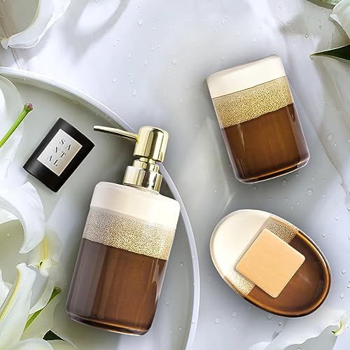 Bathroom Accessories Set of 3, Natural Reactive Glaze Ceramic Bathroom Sets Complete-Toothbrush Holders, Soap Dispenser, Soap Dish, Luxury Bathroom Decor, Bathroom Countertop Organizer, Brown Gold - size: BrownWhite3pcs