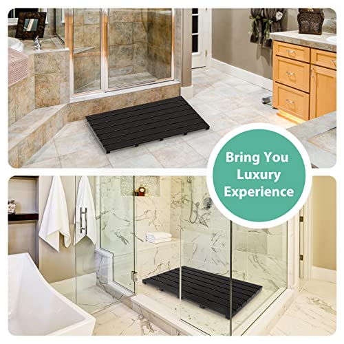 Bamboo Wooden Bath Floor Mat for Luxury Shower - Non-Slip Bathroom Waterproof Carpet for Indoor or Outdoor Use (Black,31.3 x 18.1 x 1.5 Inches) - color: Black, size: 31.3" x 18.1" (Rectangular)
