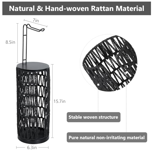 Black Freestanding Toilet Paper Holder with Storage,3 Rolls of Tissue Holder for Bathroom,Handmade Woven Toilet Paper Roll Holder Stand,Rattan Sturdy Boho Bathroom - color: Black