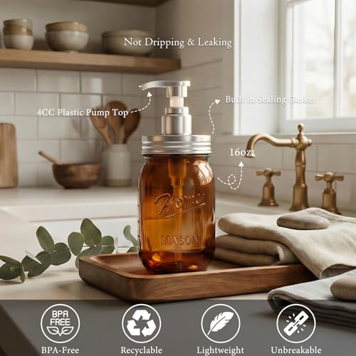 Amolliar Plastic Mason Jar Soap Dispenser with Pump Lid,16OZ Refillable Hand Soap Dispenser Set with Cute Lables - Farmhouse Decor for Kitchen Bathroom, Liquid Soap, Dish Soap, Lotion (2 Pack, Amber) - color: Amber Jar With Silver Pump