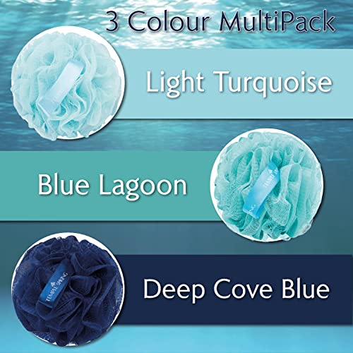 Temple Spring Soft Mesh Shower Loofah Sponge 3-Pack (60g Each) — Gentle Exfoliating Body Scrubber for Rich Lather & Smooth Skin, Bath Sponge for Women & Men, 100% Recycled Materials with Suction Hook