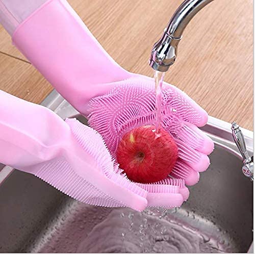 Silicone Dishwashing Gloves, Pet Grooming Rubber Scrubbing for Dishes, Sponge Wash Cleaning with Scrubbers (13.6" L) - color: Pink