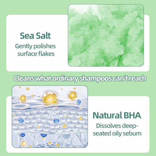 Rosemary Scalp Scrub & Exfoliator for Fuller Hair - Sea Salt & BHA Scalp Treatment with Silicone Massager Brush - Deep Cleanser for Oily Roots, 10.58oz