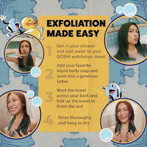 GOSHI Exfoliating Shower Towel - Long Body Scrubber for Back Acne, KP & Smooth Skin - Durable Rip-Resistant Weave, Quick-Dry Nylon Washcloth - Ethically Crafted in Gunma, Japan - Green - color: Green