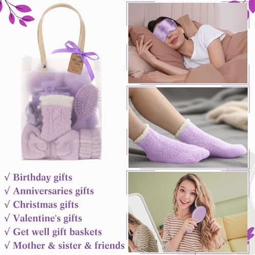 6 Set Spa Gifts Bulk for Women, Sleepover Party Favors Supplies for Bridesmaid Bridal Shower Wedding Guests Baby Shower Birthday Gift with Towels Socks Hair Tie Clip Eye Masks(Purple) - color: Purple