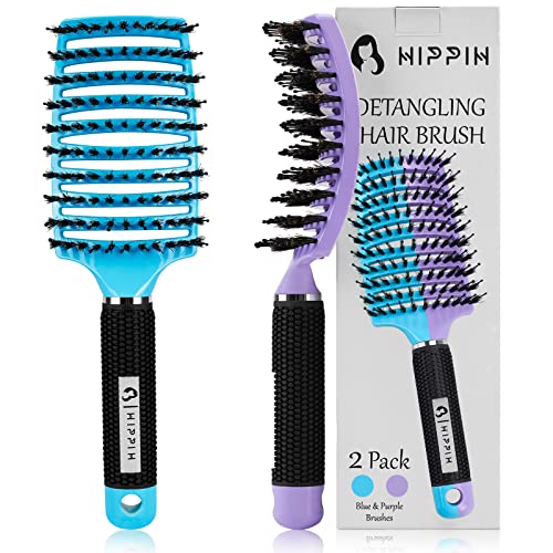 Boar Bristle Hair Brush Set of 2, HIPPIH Wet & Dry Hair Brushes Made by Fine Natural Boar Hair Can Adds Shine and Smoothing, Detangling Hairbrush for Women, Men & Kids' Long Curly Thick Hair - color: Mint Blue & Pink
