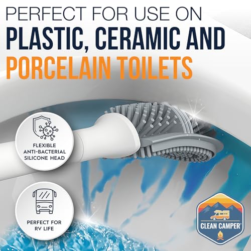 RV Toilet Brush by Clean Camper – Wall-Mounted Set, Silicone, Scratch-Free Dual-Sided Head, Quick-Drying Holder, Compact & Durable Set with Strong Adhesive Mount for RV & Camper Toilets