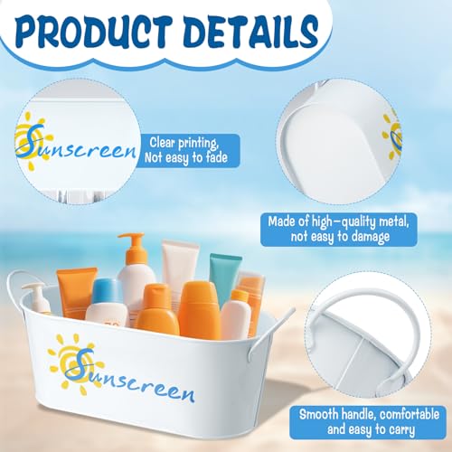 2 Pack Metal Sunscreen Pool Storage Bucket Poolside Basket Box with Handle Above Ground Pool Bin for Swimming Camping Beach Indoor Outdoor Sunscreen Sunblock Sunglasses Accessories(White)