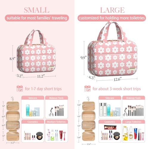 HOTOR Travel Toiletry Bag - Hanging Toiletry Bag for Women & Men, Makeup Bag/Big Comparment, Waterproof for Travel Accessories, Travel Essentials, Medium, Pink with White Daisy - color: Pink with White Daisy, size: Medium