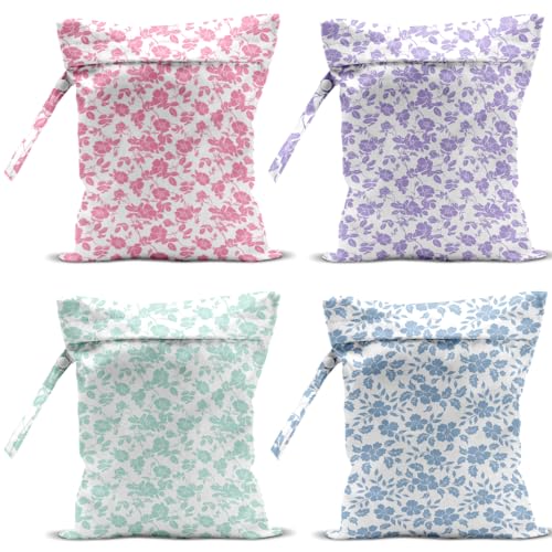 4 Pack Rose Floral Wet Bag Waterproof Washable Reusable Wet Dry Bag for Swimsuit Clothes Cloth Diaper Travel Beach Pool Yoga Gym Toiletries Gift for Women Bestie Sister Birthday Christmas - color: Colorful Flowers 335