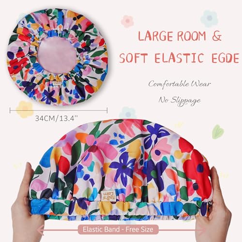 Years Calm Shower Caps for Women Reusable Waterproof, Double-Layer Extra Large Elastic Hair Cap for Shower for Long Hair & Braids, Travel & Home - color: colorful