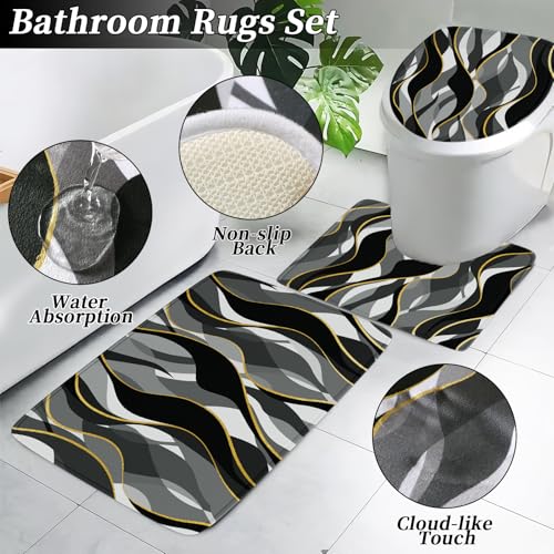 XLHOMO Bathroom Set - Black and Gold Bathroom Accessories, Bathroom Sets with Shower Curtain and Rugs, Black Shower Curtain Set with Bathroom Trash Can, Soap Dispenser, Soap Dish for Home Decor - color: Stripe Black & Gold, size: Complete Set + Bath Rugs
