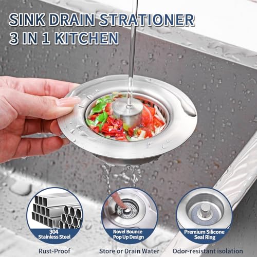 3-in-1 Kitchen Sink Drain Strainer & Sink Stopper - 304 Stainless Steel Pop Up Sink Drain Strainer, Anti-Clogging Kitchen Sink Stopper with Fast Drain Design, Fits Standard 3-1/2'' Sink Drains - color: Sus304 Brushed One Pack