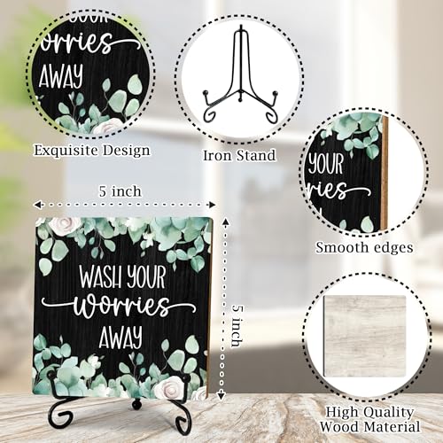 5" Laundry Room Decor, Wash Your Worries Away Sign, Sage Green Bathroom, Black Bathroom Guest Bathroom Decoration, Funny Toilet Bathroom Plaque Sign Table Shelf Decor-A03 - color: Wash Your Worries-03