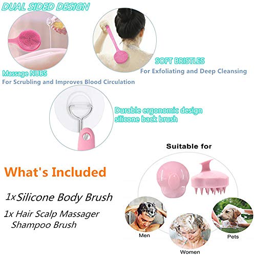 Silicone Body Scrubber & Scalp Massager, Long Handle Shower Brush, Exfoliating Scrubber for Men, Women & Kids - color: Pink