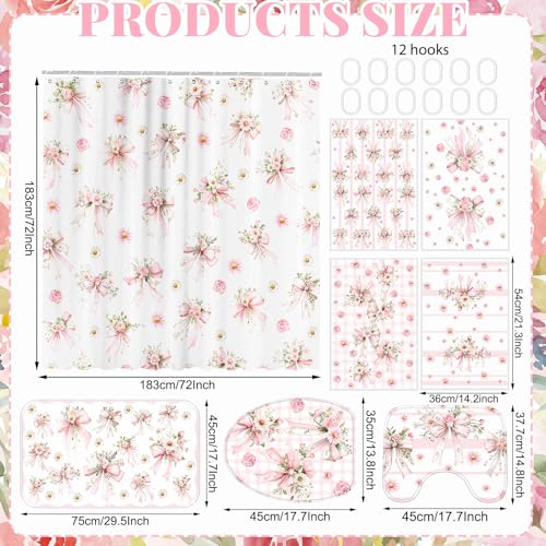Tatuo 8 Pcs Pink Bow Daisy Shower Curtain Sets for Bathroom Decor Coquette Bathroom Accessories Daisy Rose Aesthetic Girly Shower Curtain Sets with Towels Carpet Bath Mat Toilet Rugs and 12 Hooks - style: Floral Bow