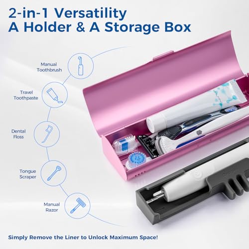 Aluminum Electric Toothbrush Travel Case, 2 in 1 Travel Toothbrush Holder for Oral B/Oral-B Pro 1000 1500 5000 and Most Electric Toothbrush for Traveling, Removable Silicone Liner-Pink - color: Pink