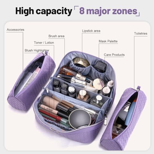 BOYATU Travel Makeup Bag Cosmetic Bags for Women: Large Capacity 3 Pcs Set Make up Bag with Compartments - Waterproof Vegan Leather Toiletry Organizer Bags with Handle (L01 Purple) - color: L01 Purple