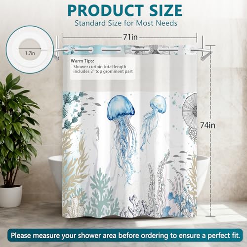Nautical No Hook Shower Curtain and Liner Set, Blue Shower Curtains for Bathroom with Sheer Top Window, Ocean Shower Curtain with Watercolor Underwater Landscape Jellyfish Coral Design, 71x74 Inches - color: Deep Sea Jellyfish
