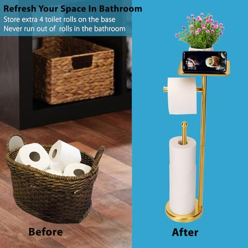 Noonext Gold Toilet Paper Holder Stand, Freestanding Toilet Paper Stand with Tray for Small Items, Toilet Paper Holder with Shelf, Storage Space for 4 Extra Toilet Paper Rolls (Gold) - color: Gold