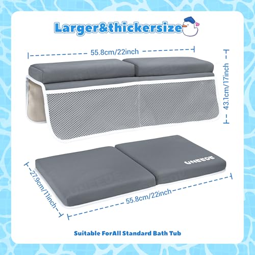 UNEEDE Baby Bath Kneeler & Elbow Pad Set, 1.5" Thick Memory Foam Bath Mat | Kneeling Pad with Elbow Support and Bath Toy Storage Bag, Bathtub Mat with Toy Organizer for Bathing Infant or Toddler, Greye