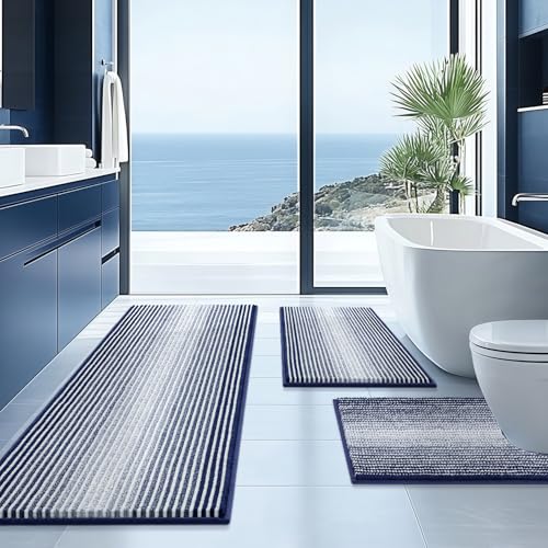BSICPRO Bathroom Rugs Sets 3 Piece, Toilet Rugs U-Shaped Contour Bath Mat Set, Long Striped Absorbent Non Slip Chenille Shower Mat, Navy Blue - color: Navy Blue, size: 20"x47"+16"x24"+ U Shape 20"x24"