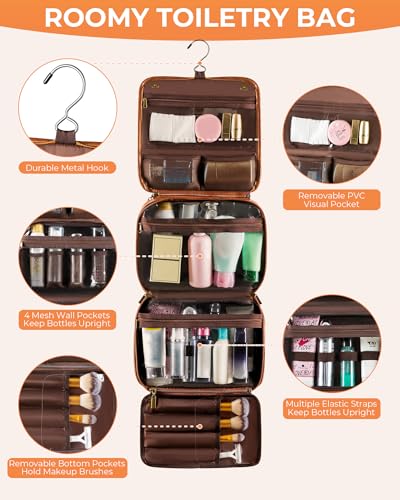 Elviros Hanging Travel Toiletry Bag Gift for Men，Mens Toiletries Bag Gifts Set Shaving Dopp Kit Water-resistant Bathroom Toiletries Organizer PU Leather Cosmetic Bags 2 Pack - color: Brown, size: 2 Pack