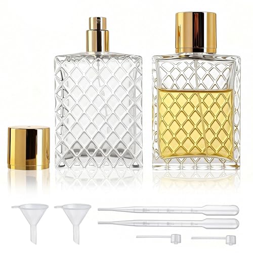 YU FENG 2 Pack 100ml Diamond Lattice Glass Perfume Spray Bottles, Atomizer | Diamond Lattice Texture, Gold Sprayer And Cap, Elegant Refillable Bottle, Fine Mist Atomizer For Perfume, Home And Travel Use - style: Diamond Lattice Texture