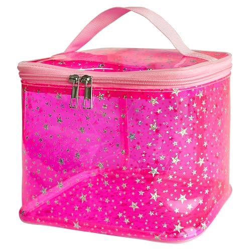 Holographic Star Print Pink Makeup Bag - Portable & Waterproof Barrel-Shaped Toiletry Bag, 8.27x6.7x6.3in Cosmetic Case for Women & Men (Pink Star) - color: Pink