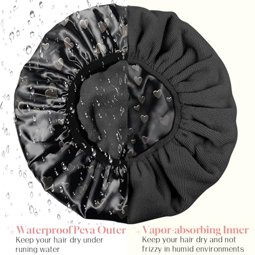 Luxury Shower Cap Terry Cloth Lined EVA Waterproof Reusable Triple Layer Elastic Hair Bath Caps for Women Girls Cute (C10-Hearts) - color: C10-Hearts