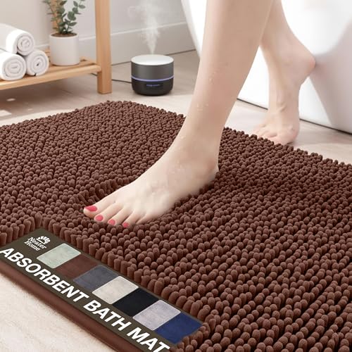 Neater Home Plush Bathroom Rugs 27x17 Thick Chenille Quick Dry Microfiber Absorbent Bath Mat, Soft Bath Rugs, Machine Washable Bathroom Floor Mat for Tub Shower Sink, Home Decor Accessories, Brown - color: Brown, size: 24" x 17"
