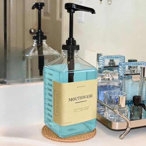 eBun Black Mouthwash Dispenser Set, 37oz Glass Bottle with Pump & Cups | Large capacity pump dispenser for bathroom. Includes glass mouth wash bottle & matching cups for stylish daily oral care - color: Black