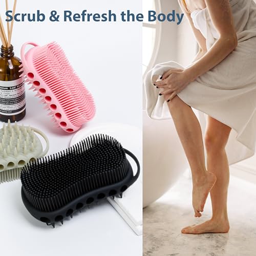 MtBoi Double-Sided Exfoliating Silicone Body Scrubber, 2-in-1 Bath Scrubber, Shampoo Brush, Silicone Loofah for All Skin Types, Shower Body Scrubber, Easy to Clean, Lather Well (Pink) - color: Pink