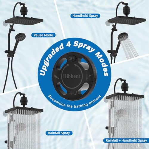 Hibbent 5-spray Dual Filtered Rainfall Shower Head Combo, High Pressure 13'' Showerhead with 10 Spray Mode Handheld, Easy Reach 4-way Diverter Shower Arm with Pause Mode, 71'' Hose and Holder, Black - color: Black, style: Square 13" with filter