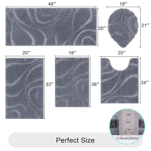 HEBE Bathroom Rugs Sets 5 Piece, Soft Absorbent Microfiber Bath Mat for Bathroom, Non Slip Washable Bath Rug Set with Toilet Cover, Bath Runner and U-Shaped Contour Toilet Rug, Dark Grey - color: Dark Grey, size: 18"x26"+20"x32"+20"x48"+U20"x24"+Cover19"x