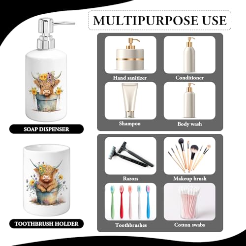 FYSUIMU Highland Cow Bathroom Toothbrush Holder Set Watercolor Rustic Cow Wildflower Ceramic Soap Dispenser with Tooth Brush Organizer for Modern Countertop Decor Set - color: Highland Cow