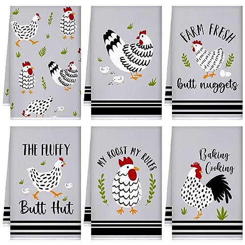 Boyiee Set of 6 Farm Chickens Kitchen Towels Farmhouse Absorbent Dish Tea Towels Rustic Country Rooster 24 x 16 Inches Gifts Chickens Hand Washcloth Gifts for Kitchen Bathroom Decorations - color: Chickens