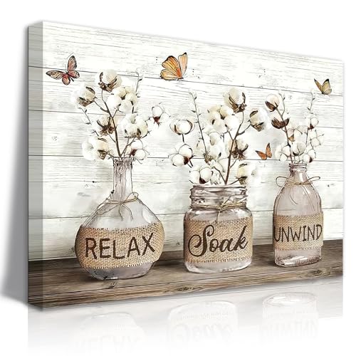 BJVJKSU Farmhouse Bathroom Wall Art Rustic Cotton Flower Bathroom Canvas Wall Decor Relax Soak Unwind Sign Painting Print Vintage Aesthetic Picture Artwork Decor(16x24in) - color: Brown Wrapped Canvas, size: 24"L x 16"W