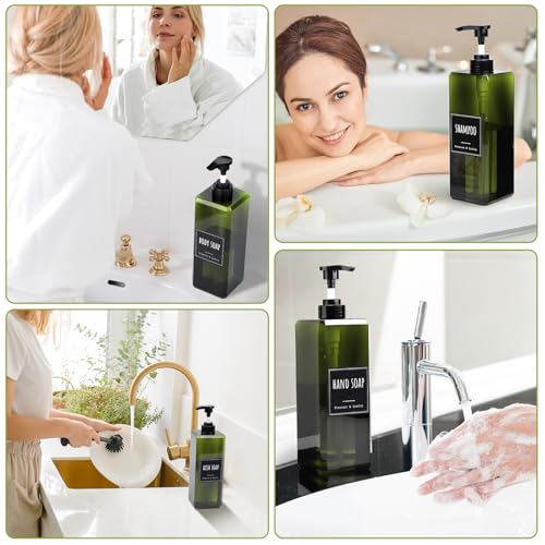 Segbeauty 33.8oz Square Plastic Soap Dispenser Refillable, 2pcs Large Capacity Empty Soap Dispenser Bathroom Kitchen, Green 1000ml Shampoo Pump Bottle Set, Hand Wash Bottles with Waterproof Labels - color: Green, style: 2pcs