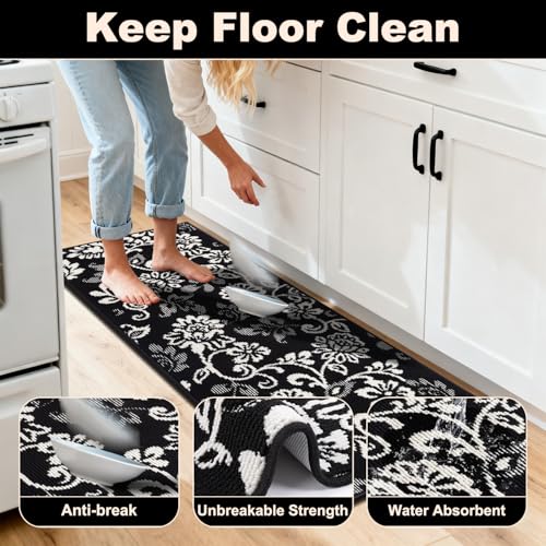 LOKHOM Boho Kitchen Rugs-24"x71" Non Slip Stain Resistant Kitchen Mats for Floor, Paisley Floral Runner Carpet for Hallways Entryway Laundry Washable (Black & White) - color: Black, size: 2' x 5'11" (Rectangular)
