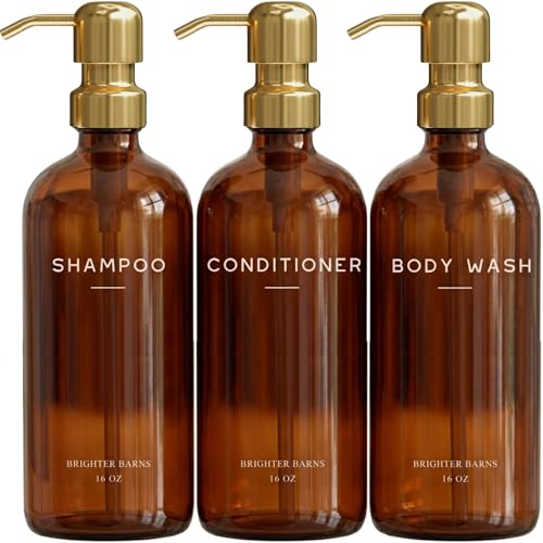 Luxury Shampoo and Conditioner Dispenser Set by Brighter Barns - Empty Shampoo Bottles Refillable with Gold Pump - Plastic Shower Soap Dispenser for Modern Bathroom Decor in Airbnb, Spa (Amber Gold) - color: Amber Gold