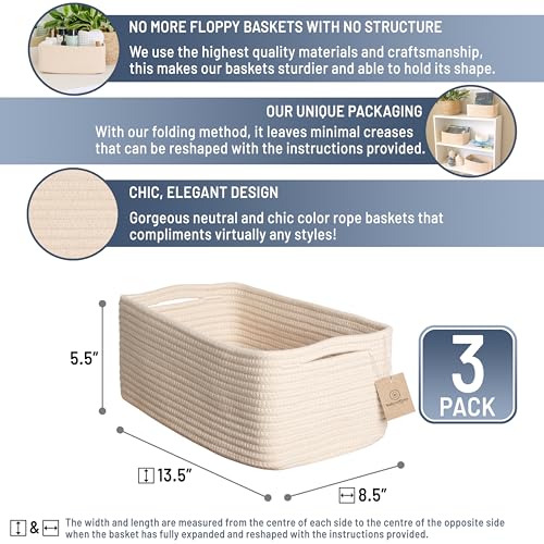 NaturalCozy 13.5”x8.5”x5.5” Storage Baskets for Shelves 3 Pack | Cotton Rope Woven Small Baskets for Organizing | Small Storage Bins for Nursery, Bathroom, Closet, Cube Shelf, Decorative, Gift - color: Beige, size: 13.5" x 8.5" x 5.5"