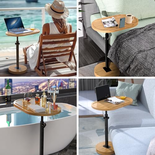 NiHome Bamboo Large Swivel TV Tray Table with Thickened Stable Non-Tipping Base, Adjustable Height Couch Table Tray, End Table, Bathtub Side Tray Table 360° Rotating for Hot Tub Bedside Sofa Balcony - size: Large