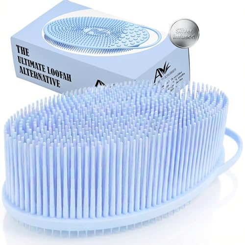 Avilana Silicone Body Scrubber for Shower – SGS Certified Food Grade Dual Sided Bath Brush, Gentle Exfoliating Silicone Loofah Alternative, Sensitive Skin Body Brush (Blue-Silver, Exfoliate) - color: Blue-silver, size: Exfoliate