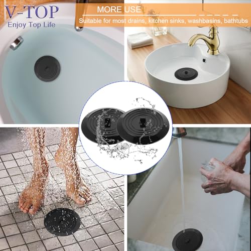 V-TOP Bathtub Drain Stopper 2 Pack, 5 inches Silicone Tub Stopper Shower Drain Cover, Bath Tub Plug Hair Stopper,Universal Flat Suction Renter Friendly Bath Accessories - color: 5" Black