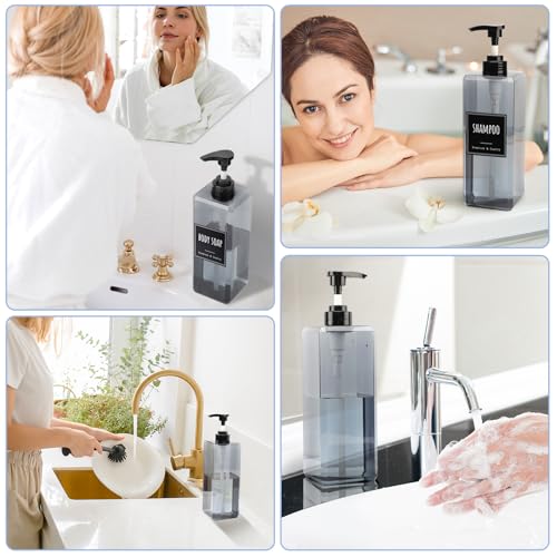 Segbeauty 33.8oz Empty Plastic Soap Dispenser with Labels, 3pcs Large Pump Bottles for Shampoo and Conditioner, 1000ml Gray Refillable Soap Dispenser Bathroom, Sqaure Lotion Pump Bottle Container - color: Gray, style: 3pcs