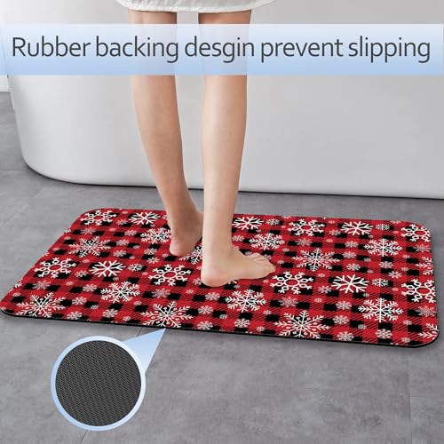 Christmas Plaid Snowflakes Bathroom Mat, Non-Slip Rubber Backing Thin Low-Profile Bath Rug, Easy-Clean Bathroom Floor Mat for Shower, Bathtub, Kitchen, or Entryway - color: Christmas Plaid Snowflakes