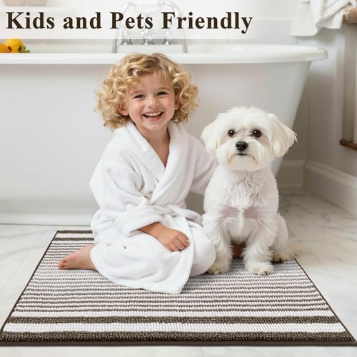 HEBE Chenille Bathroom Rugs Sets 3 Piece, Non Slip Washable Bath Mats Set | Absorbent Bathroom Mat Set, Soft Bath Rugs, Ultra Plush Bath Mat and U-Shaped Contour Toilet Rug Set for Tub Shower, Brown - color: Brown