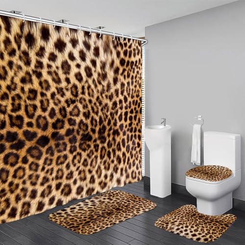 4 PCS Leopard Shower Curtain Cheetah Print Shower Curtain Sets Non Slip Bathroom Rugs Soft Plush Bath Mat Toilet Lid Cover Animal Print Shower Curtain with 12 Hooks for Bathroom Tub, Brown - color: Brown
