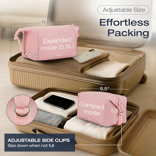 KAZAY Expandable Toiletry Bag with Side Clips for Adjustable Sizing, Premium High-Density Nylon, Open Wide Zipper, Stylish, Water Resistant, Cosmetic Bag, Makeup Bag, Full-Size Bottles, Unisex (Pink) - color: Pink